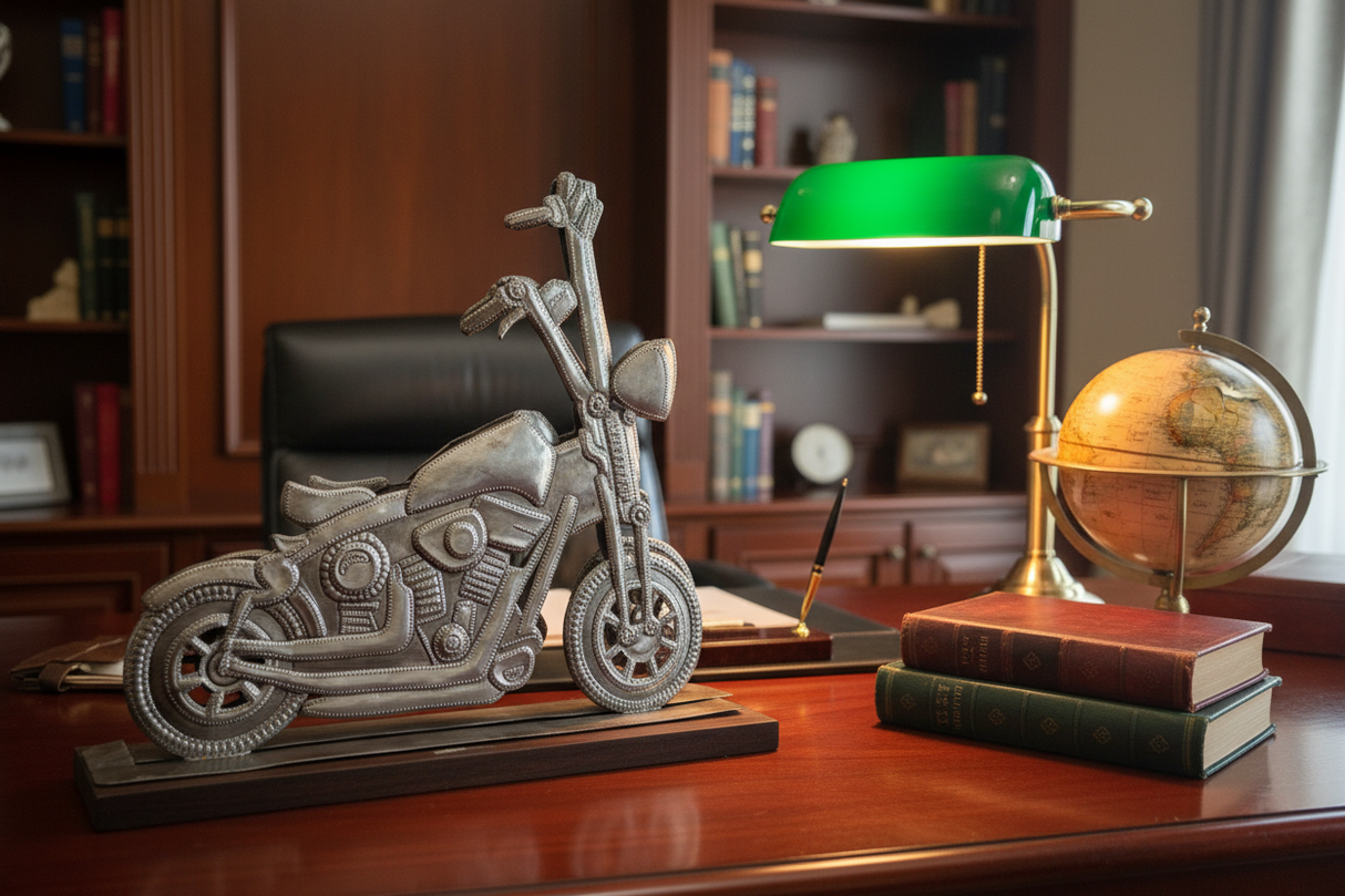 Haitian Handcrafted Metal Motorcycle Sculpture – Recycled Steel Chopper Art