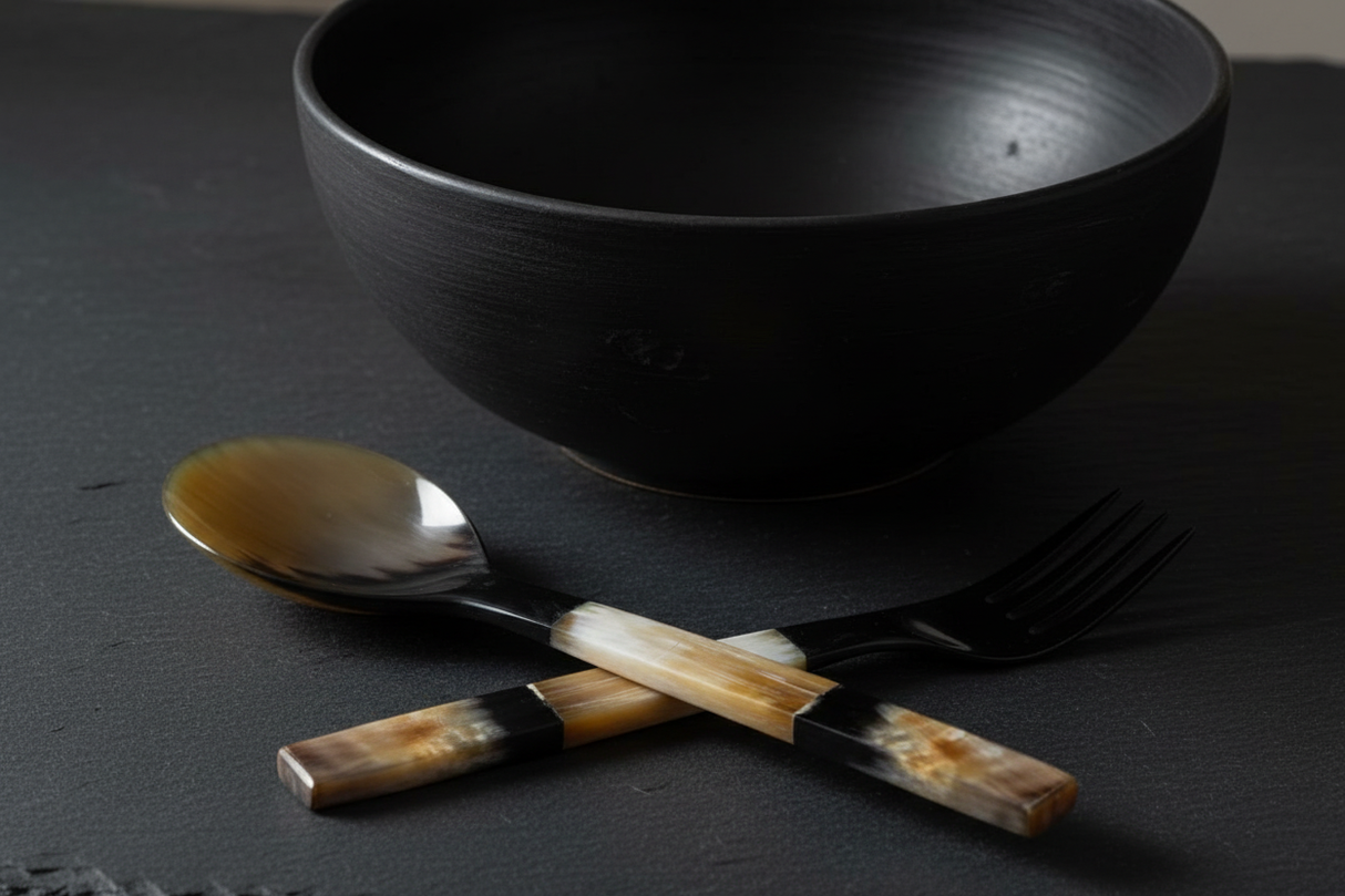 Haitian all-horn salad spoon beside matching fork and ceramic bowl on dark slate surface with moody lighting