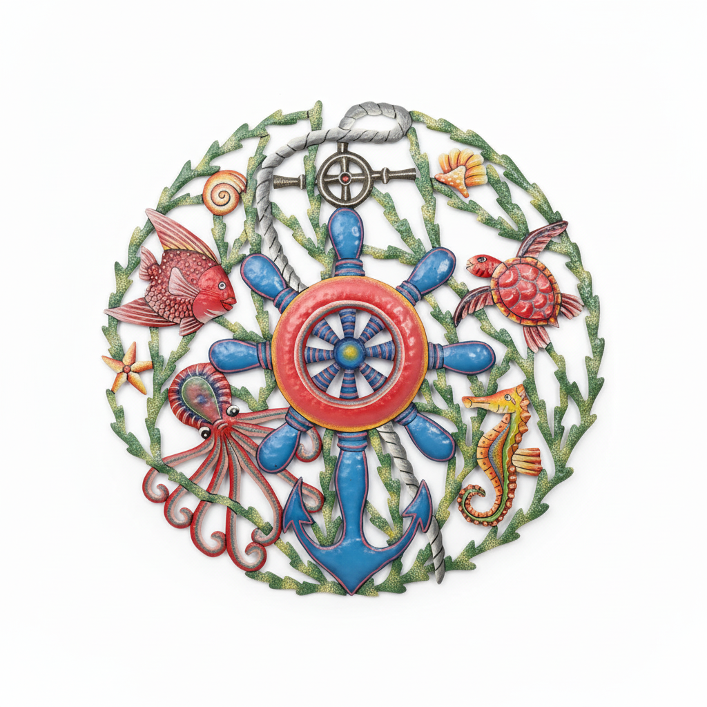 Handcrafted Haitian metal nautical reef scene with colorful ship's wheel, tropical fish, seahorse, octopus, and turtle