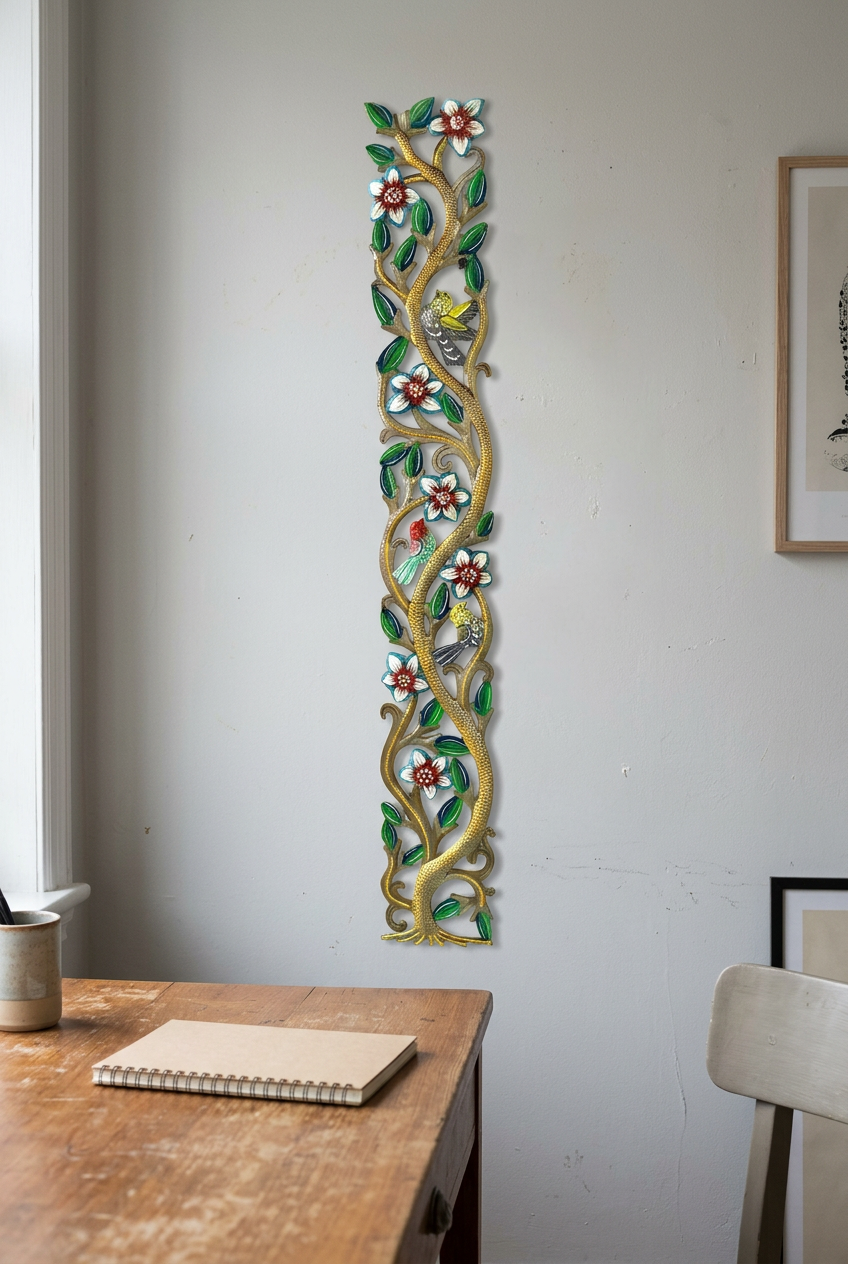 Colorful handmade metal tree wall sculpture beside a wooden office desk