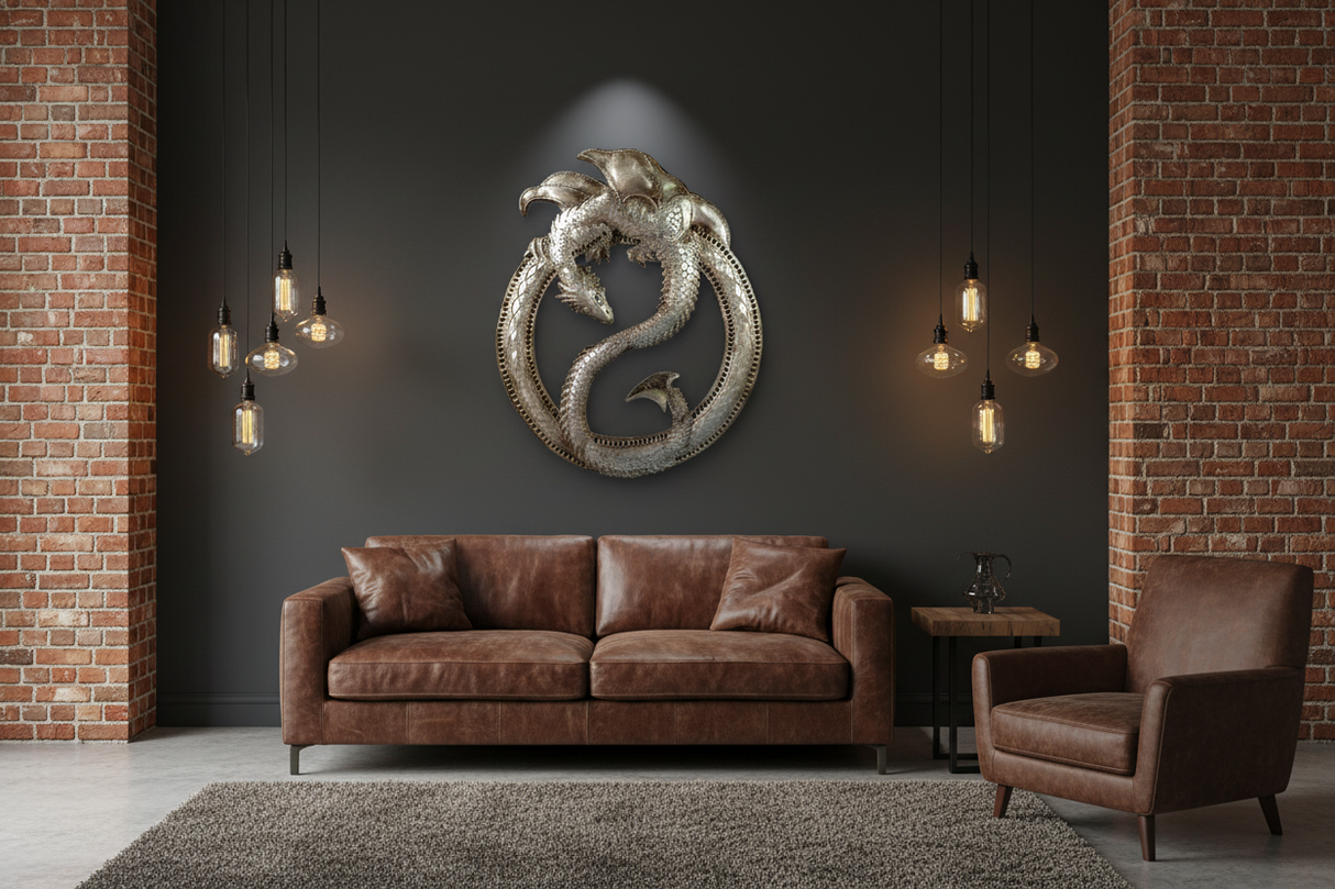 Haitian steel drum dragon round metal wall art mounted on a charcoal accent wall in a modern industrial living room