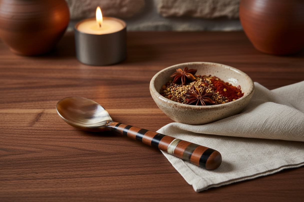 Haitian brown striped horn spoon beside artisan spices bowl on dark walnut surface by candlelight