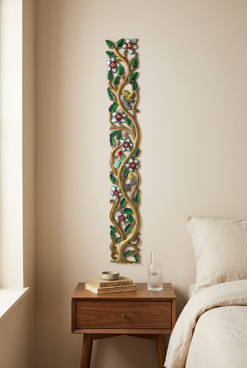 Slender Haitian metal tree wall art beside a walnut bedroom nightstand