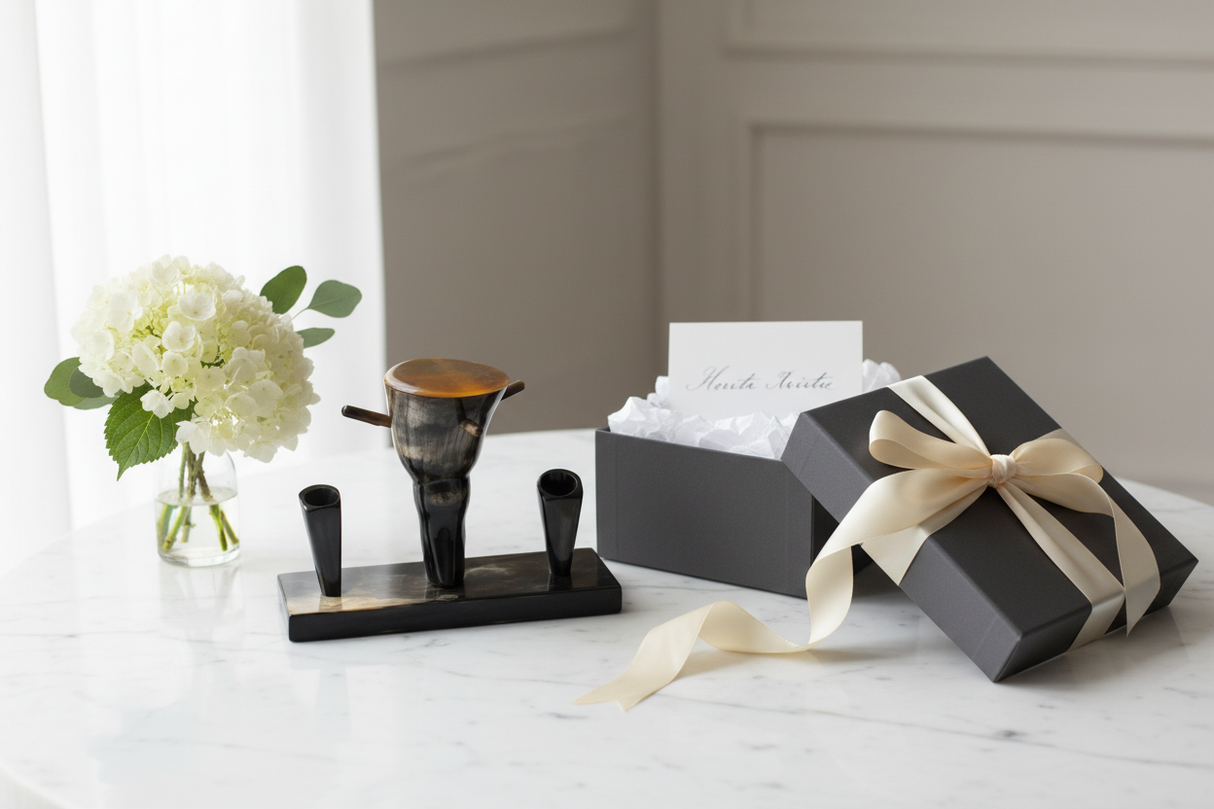 Haitian horn pen and inkwell stand as luxury gift on marble surface with ribbon box and white flowers
