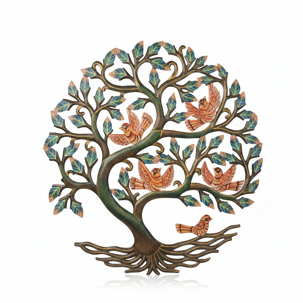 Handcrafted Haitian metal Tree of Life with hand-painted coral birds and green and blue leaves
