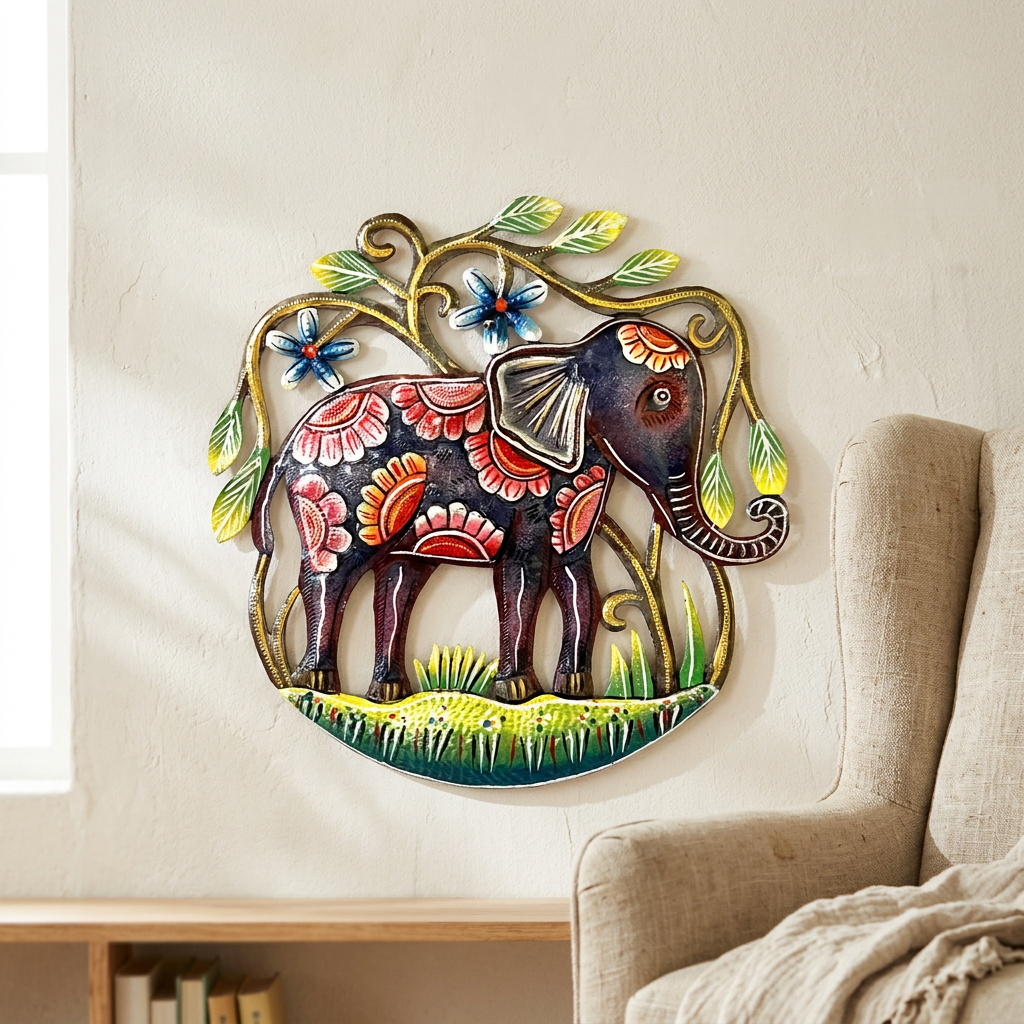 Small floral elephant metal wall art beside a linen living room armchair