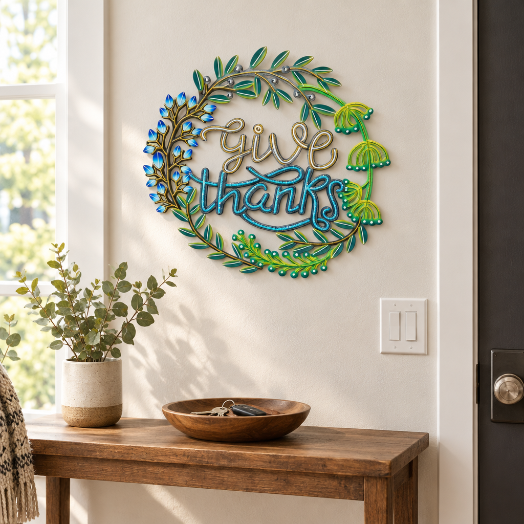 Handpainted Haitian Give Thanks metal wall art above an entryway console