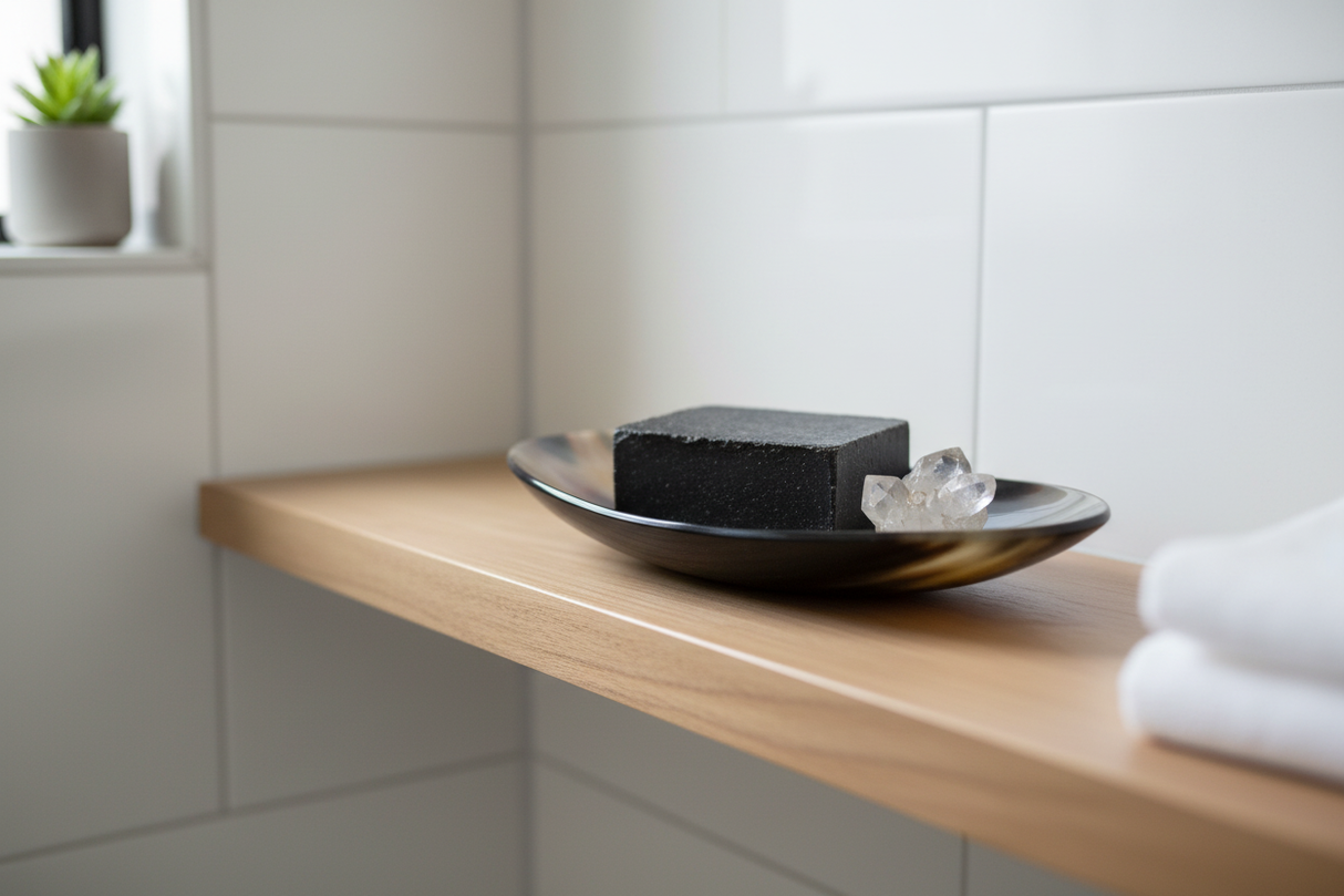 Haitian oval black horn dish holding charcoal soap and crystal on luxury bathroom shelf