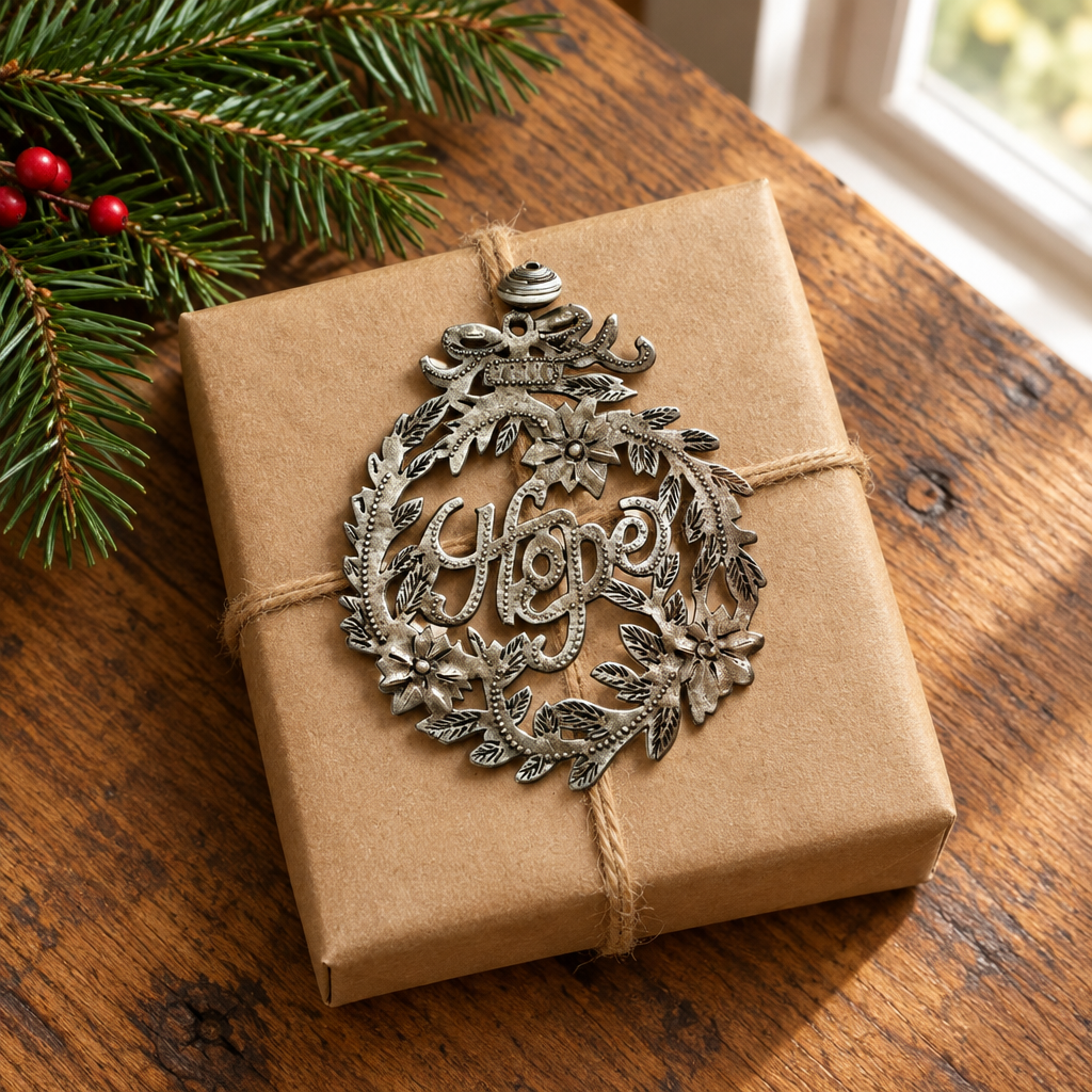 Handmade Haitian Hope metal Christmas ornament on a kraft-wrapped gift