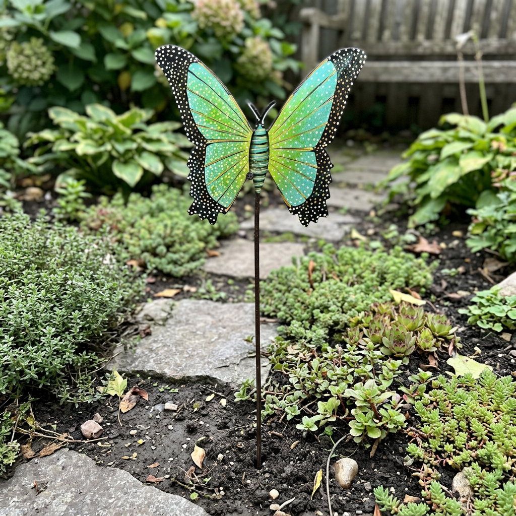 Green and yellow metal butterfly stake beside a stone garden path