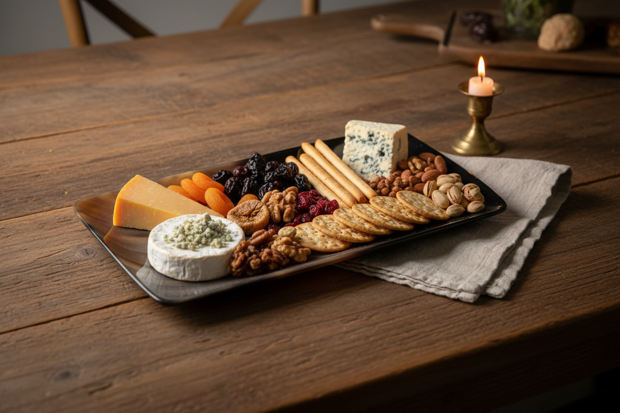 Cow horn tray styled as charcuterie board with cheese and fruits