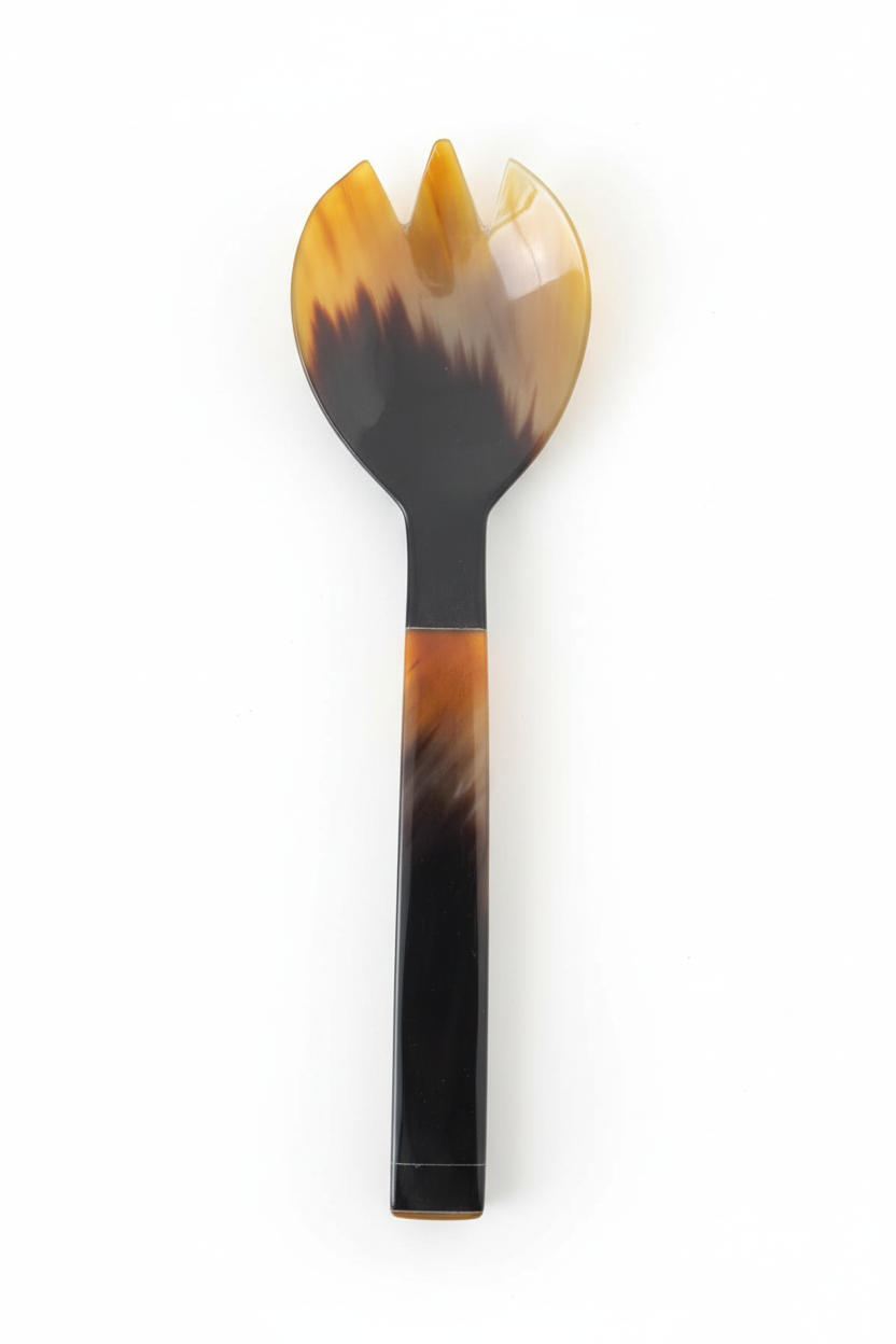 Handmade Haitian all-horn large salad serving fork with amber to black square handle on white background