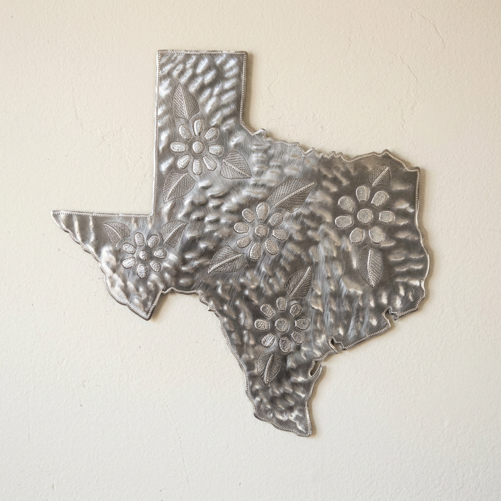 Texas metal wall art showing five floral motifs, leaf details, and a textured silver-toned surface