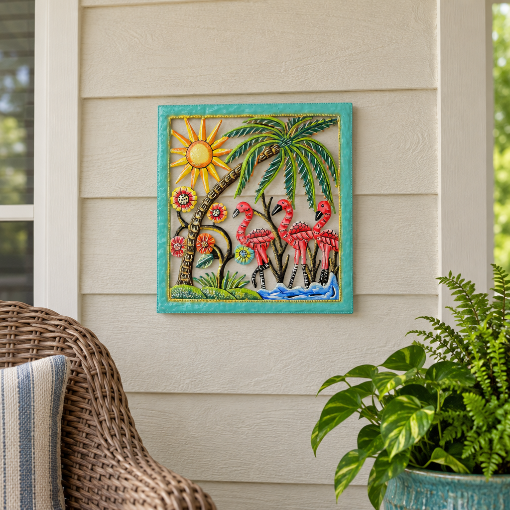 Handpainted Haitian flamingo and palm tree metal wall art on a sheltered covered porch