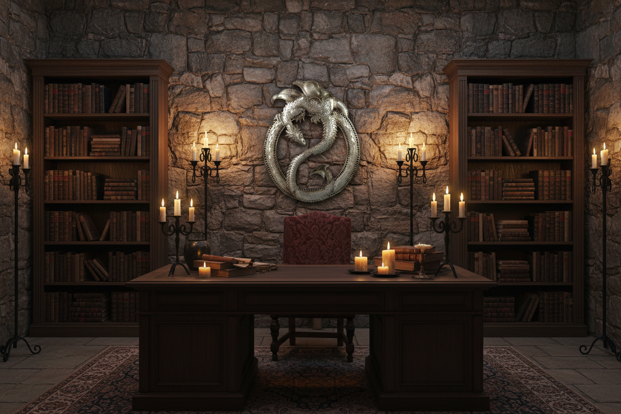 Haitian dragon metal wall art on a rustic stone wall in a medieval-inspired study with candlelight
