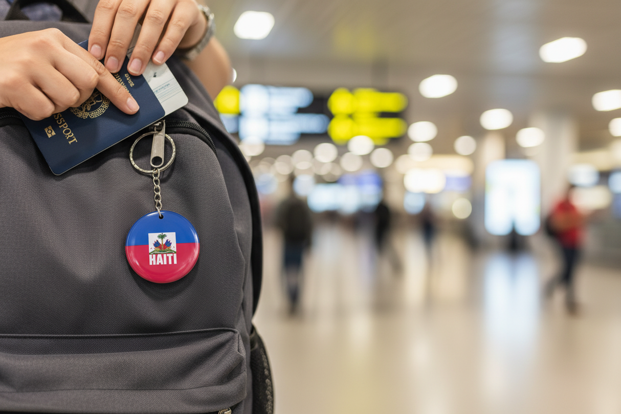 Haiti flag keychain clipped to travel backpack – travel lifestyle photo