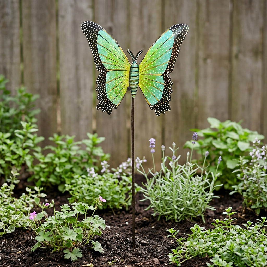Light green and yellow butterfly garden stake near a wooden fence