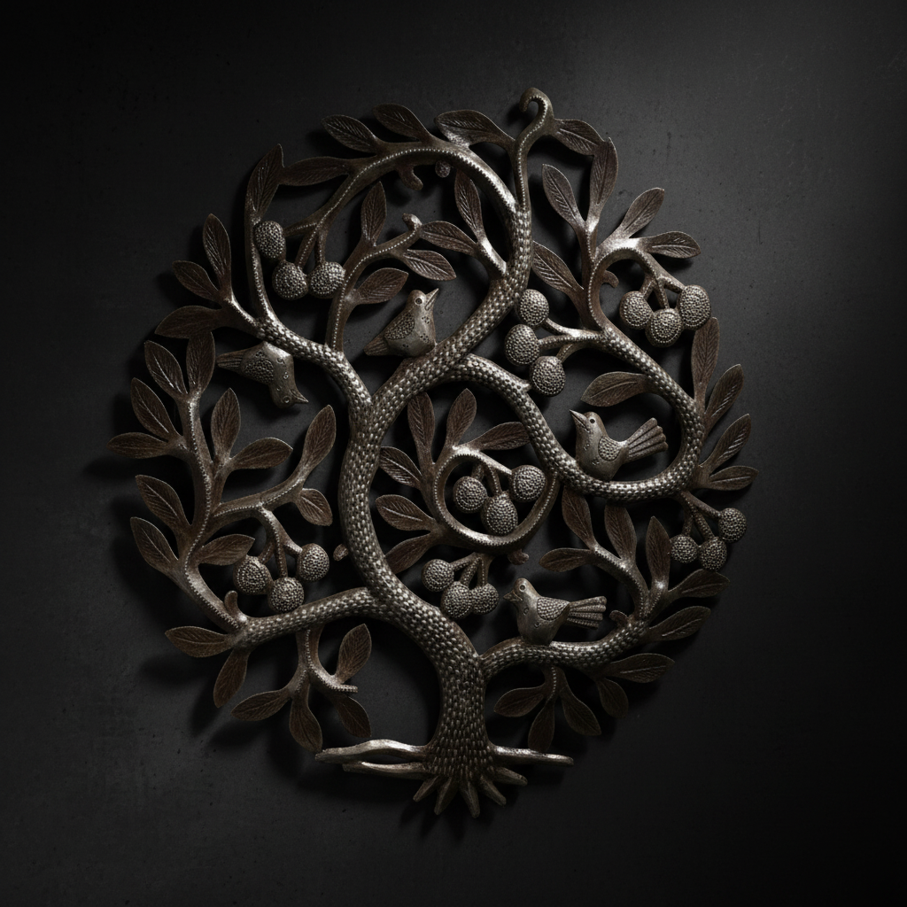 Close-up detail of Haitian Tree of Life metal art with dramatic side lighting on a dark background