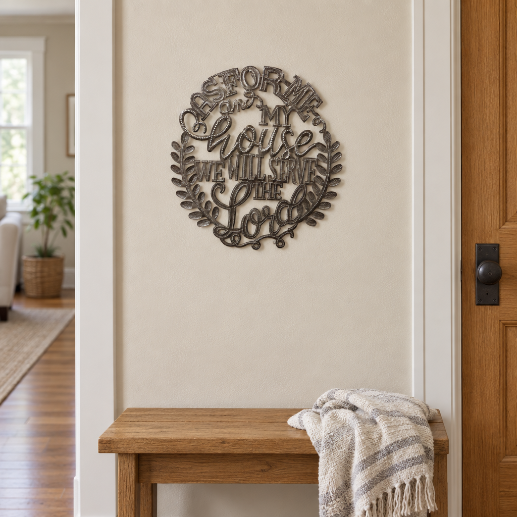 As for Me and My House Haitian metal wall art above a hallway bench