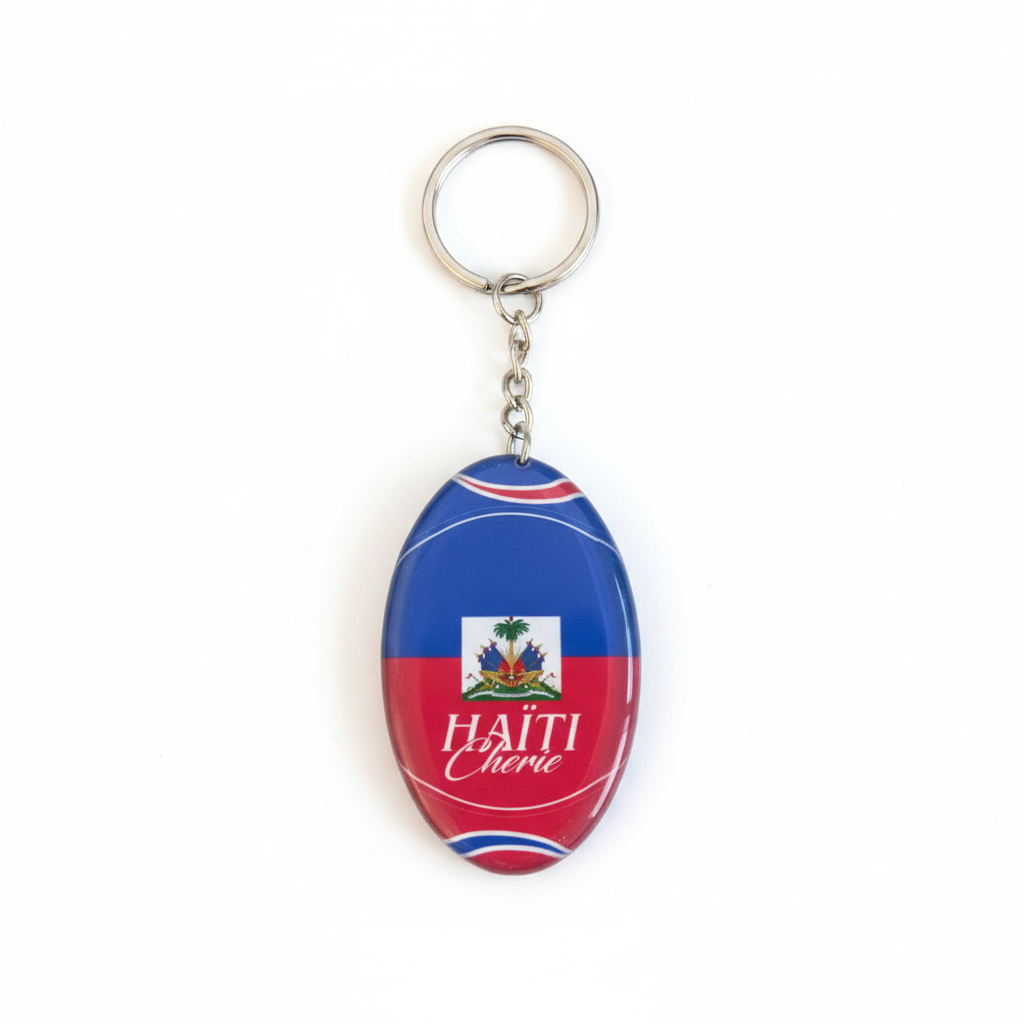 Haïti Chérie & Palais National double-sided oval resin keychain – hero product shot on white background