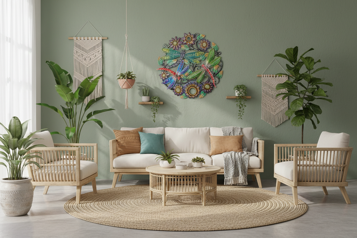 Colorful Haitian dragonfly metal wall art on a sage green accent wall in a bohemian living room with rattan furniture and tropical plants