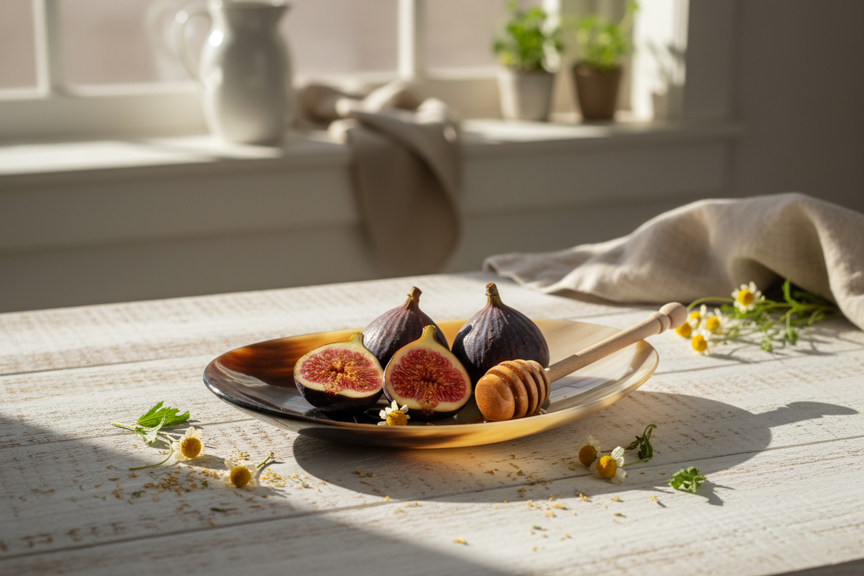 Haitian ivory horn dish holding figs and honey dipper on white oak surface in morning light