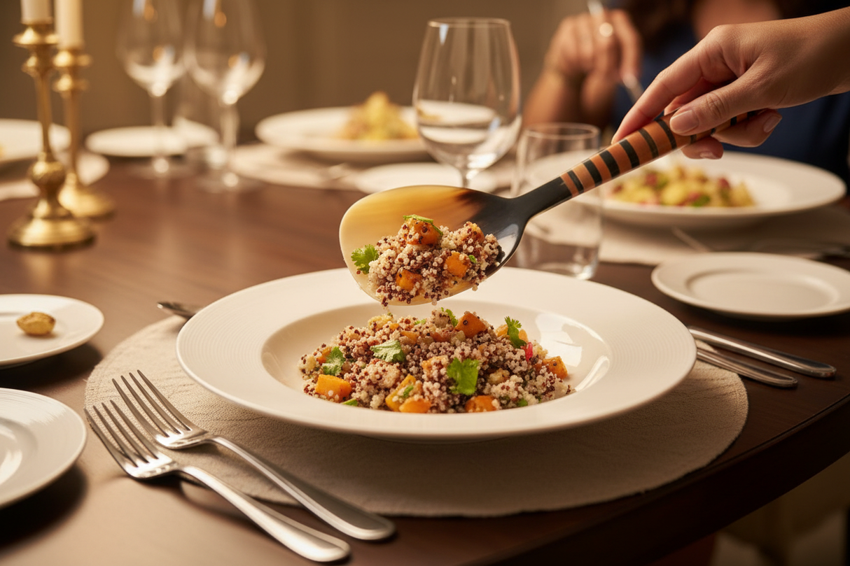 Haitian horn rice paddle serving quinoa grain salad with roasted vegetables at elegant dinner table