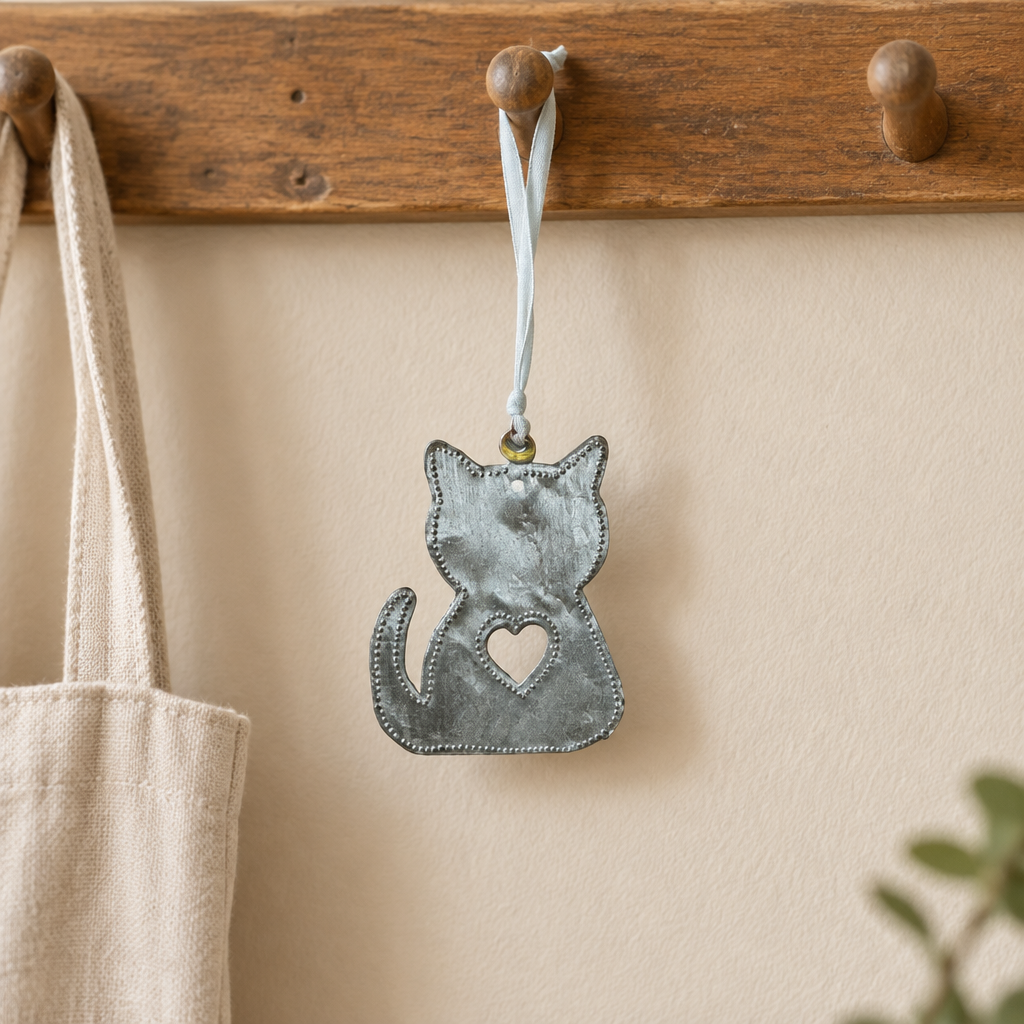 Handmade Steel Cat Ornament with Heart Cutout | Haitian Artisan Made, 4" x 4"