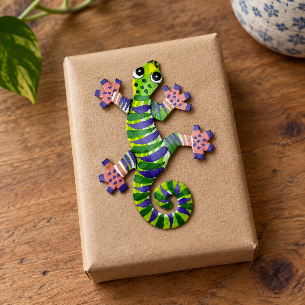 Little Gecko Ornament, Purple & Green, 3″ | Handmade Haitian Steel Art