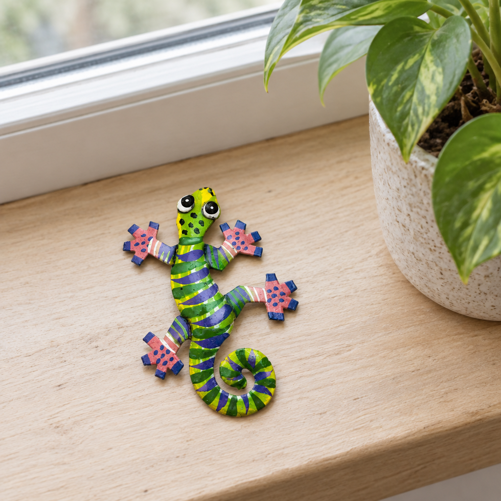 Little Gecko Ornament, Purple & Green, 3″ | Handmade Haitian Steel Art
