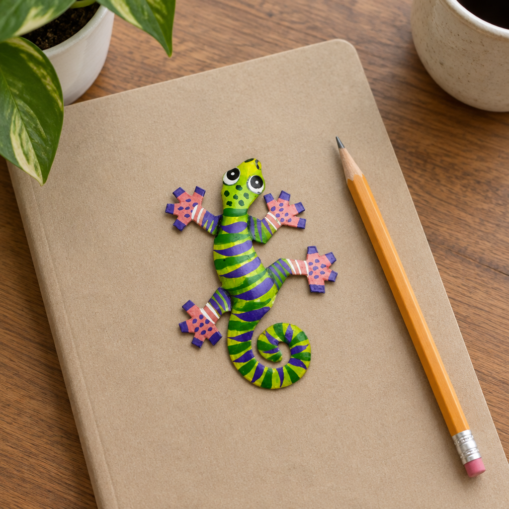 Little Gecko Ornament, Purple & Green, 3″ | Handmade Haitian Steel Art