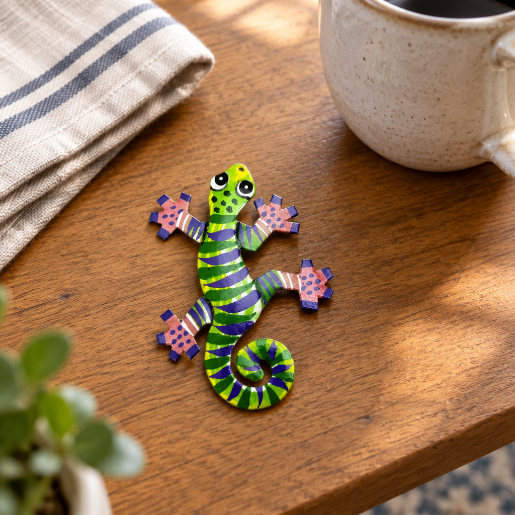 Little Gecko Ornament, Purple & Green, 3″ | Handmade Haitian Steel Art