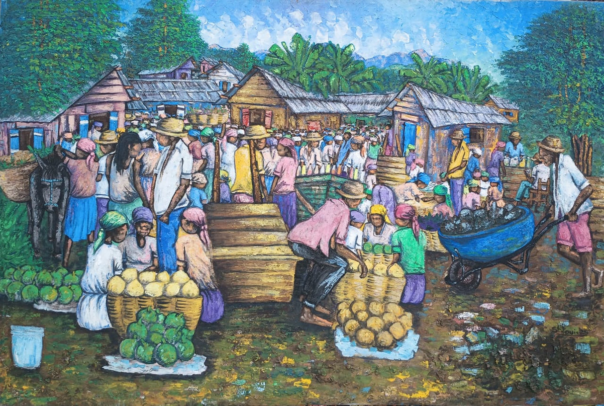 Haitian Market Scene Painting - Authentic Caribbean Art
