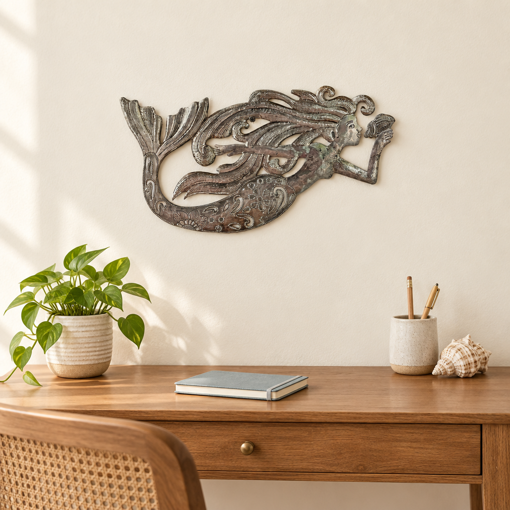 Handmade Haitian Metal Wall Art, Steel Mermaid Style, 15" x 9"