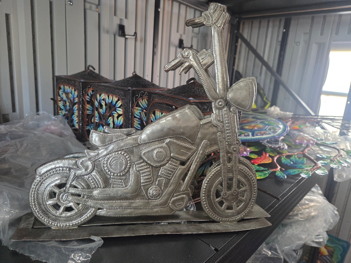 Haitian Handcrafted Metal Motorcycle Sculpture – Recycled Steel Chopper Art