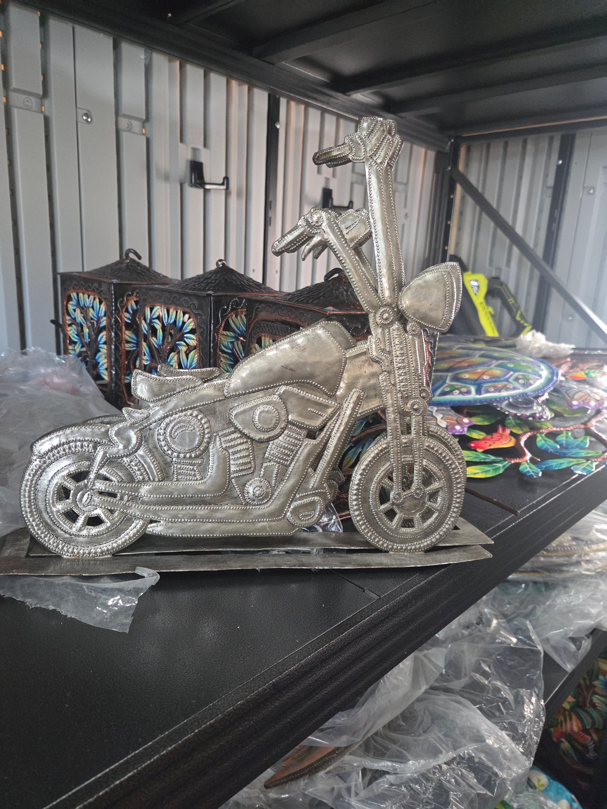 Haitian Handcrafted Metal Motorcycle Sculpture – Recycled Steel Chopper Art