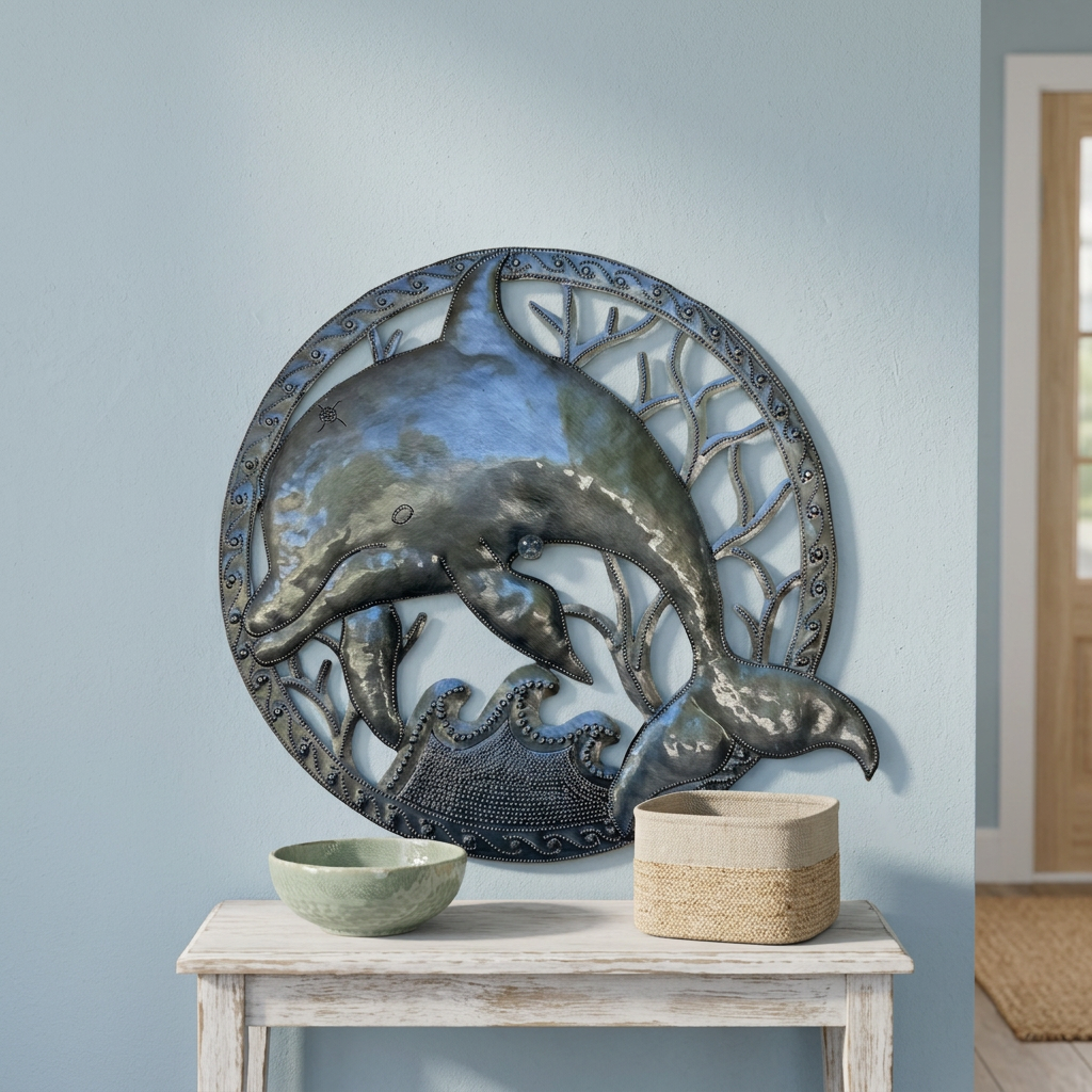 Dolphin Metal Wall Art – Handcrafted in Haiti, 11.5"