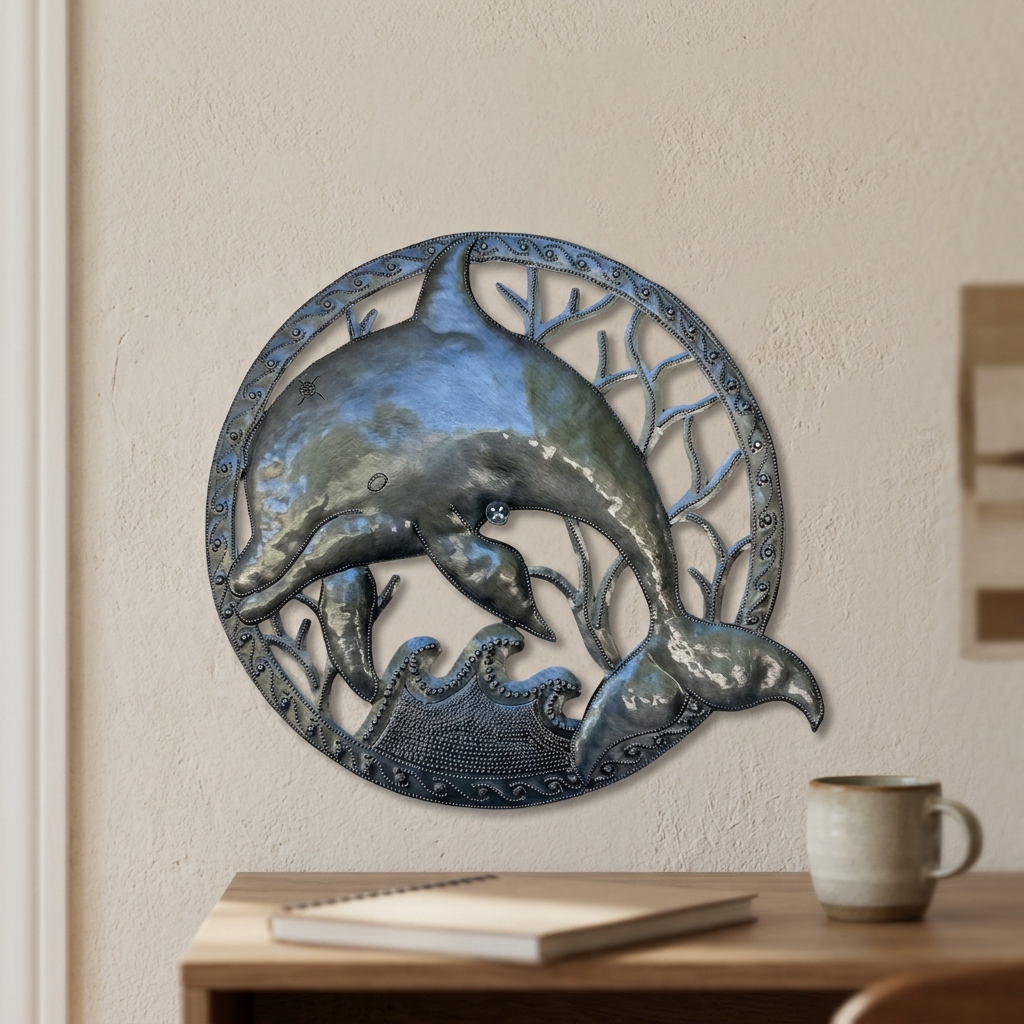 Dolphin Metal Wall Art – Handcrafted in Haiti, 11.5"