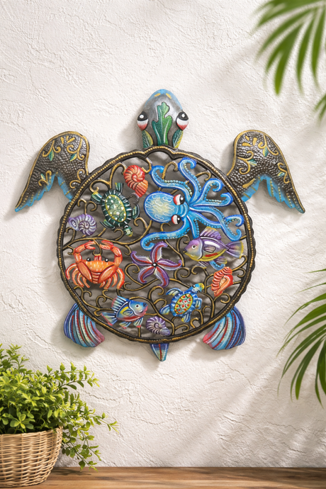 Handcrafted Haitian metal sea turtle wall art 22 inch colorful coastal ocean decor made from recycled steel