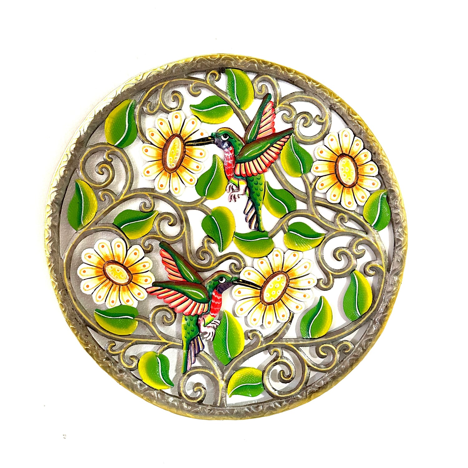 Hummingbirds and Daisies Tree of Life Handmade Haitian Metal Art