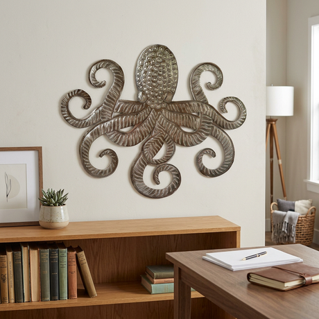 Octopus Metal Wall Art – Handcrafted Haitian Recycled Steel Drum, 22"