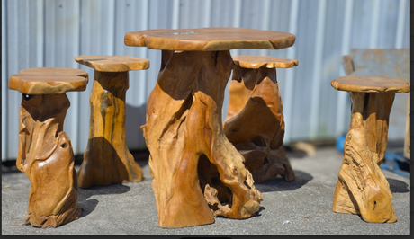 Handmade Teak Root Bar Set – Rustic Outdoor Patio Table with 4 Stools – Tropical Tiki Bar Furniture – Live Edge Solid Wood