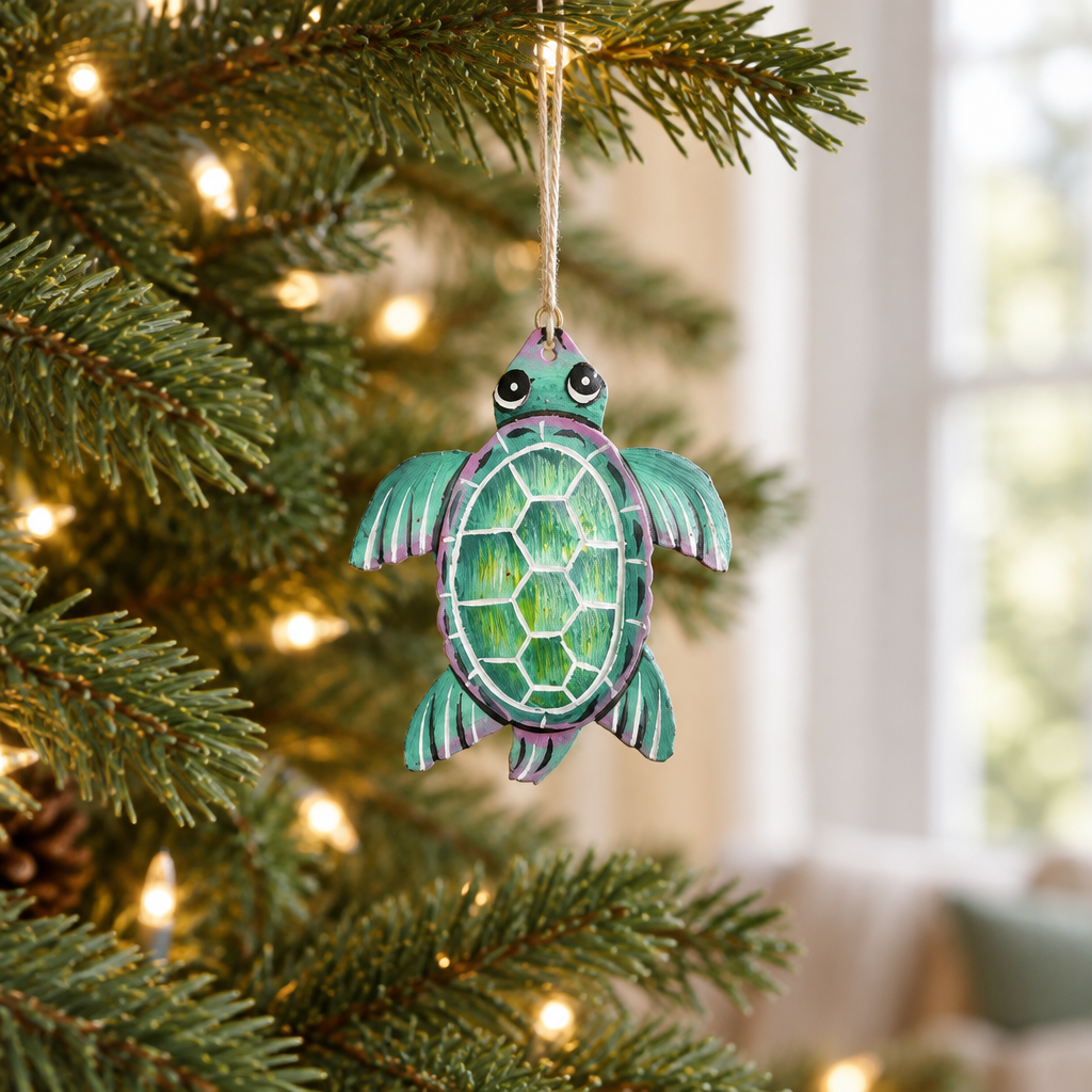 Green Painted Turtle Ornament, 3 × 3″ | Handmade Haitian Steel Art