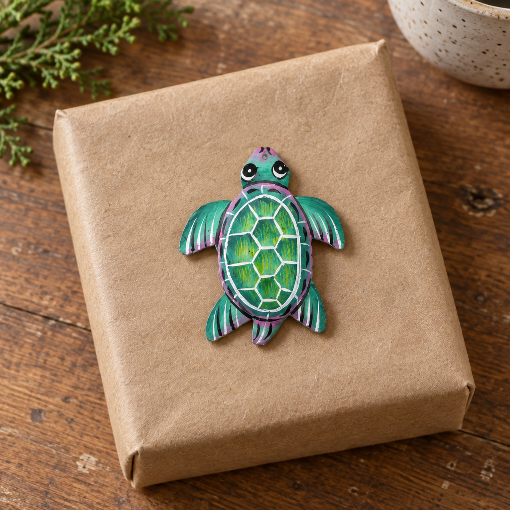 Green Painted Turtle Ornament, 3 × 3″ | Handmade Haitian Steel Art