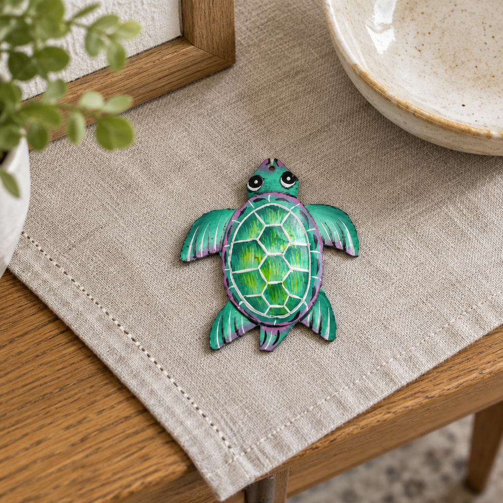 Green Painted Turtle Ornament, 3 × 3″ | Handmade Haitian Steel Art