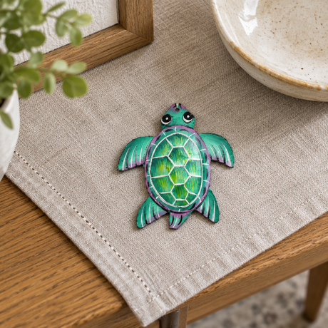 Green Painted Turtle Ornament, 3 × 3″ | Handmade Haitian Steel Art