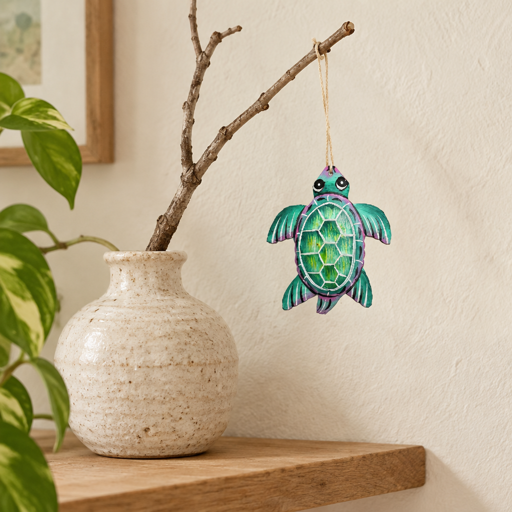 Green Painted Turtle Ornament, 3 × 3″ | Handmade Haitian Steel Art
