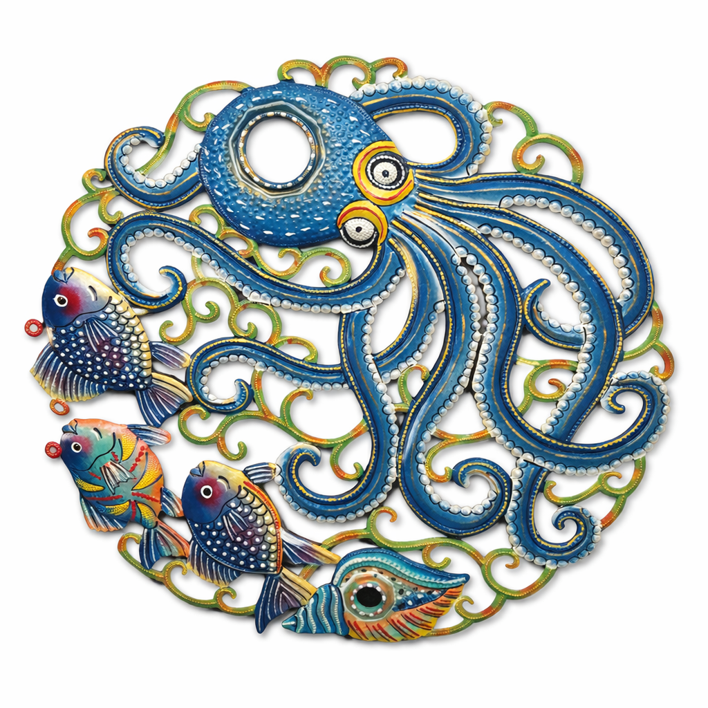 Handmade Haitian metal octopus wall art with colorful tropical fish coastal nautical recycled steel wall sculpture 23 x 23 inches
