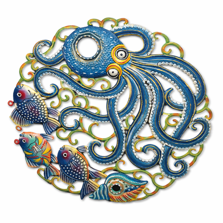 Handmade Haitian metal octopus wall art with colorful tropical fish coastal nautical recycled steel wall sculpture 23 x 23 inches