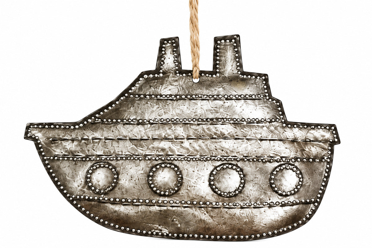 Handcrafted Steel Drum Boat Ornament, Haitian Art, 3" x 3"
